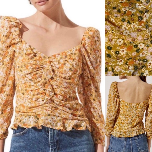 NEW ASTR The Label Ruched Sleeve Sweetheart Top Ditsy Floral mustard size small - Picture 2 of 13